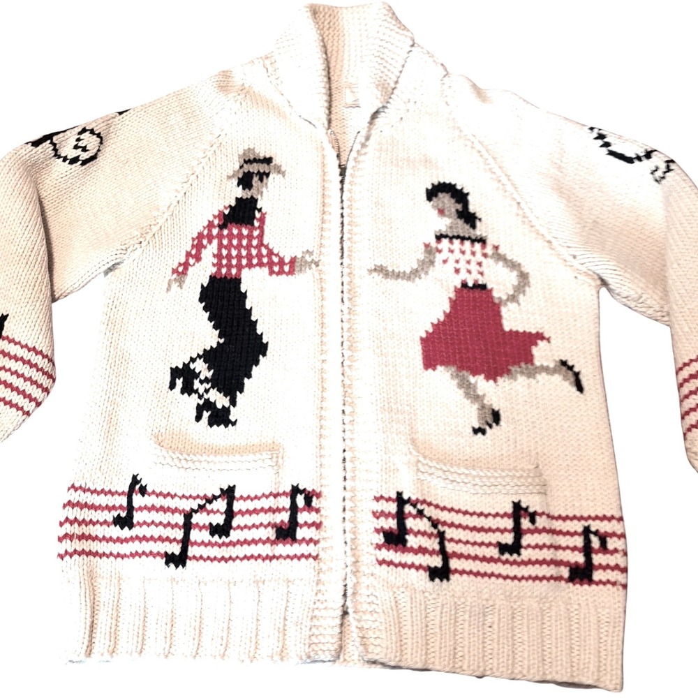 Vintage Cowichan Cardigan Sweater 50s 60s Music Notes Dancing Couple Cream Red L - Picture 7 of 13